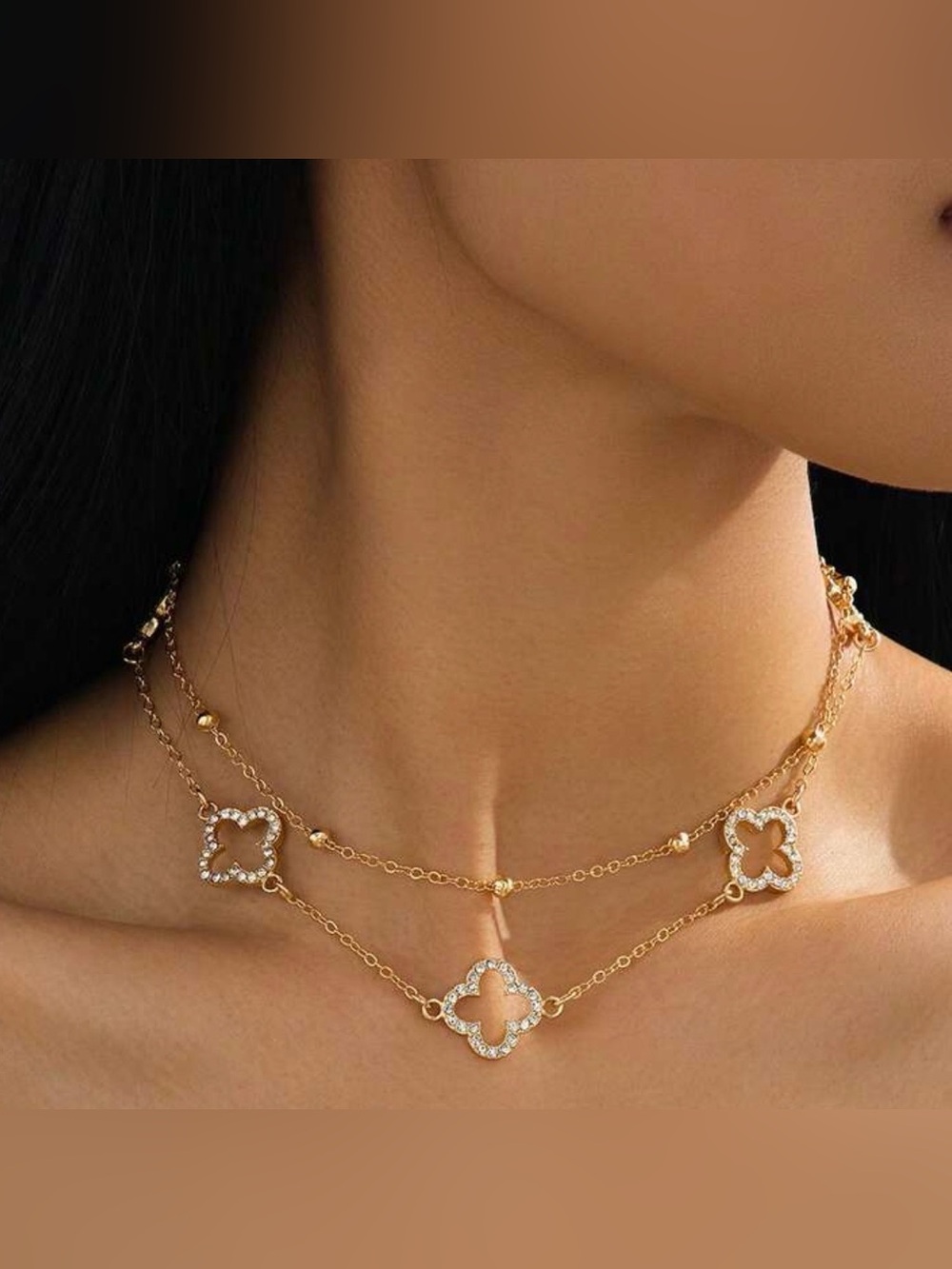 Target Gold Layered Clover Necklace with Crystal Accents